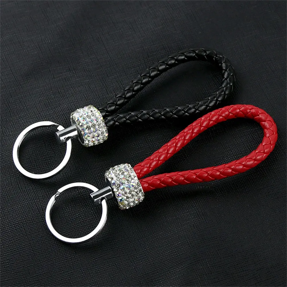 Classic PU Leather Braided Rope Keychain Fashion Rhinestone Inlay Alloy Key Chains Women Men Car Key Holder Accessories Gift