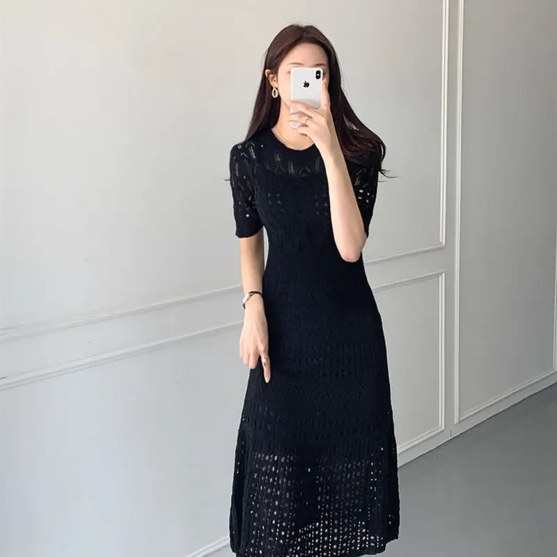 Women's Sexy Hollow  Fit Elegant Chic Party Knitted Dress Summer Fashion Short Sleeve Basic Midi Dress Vest