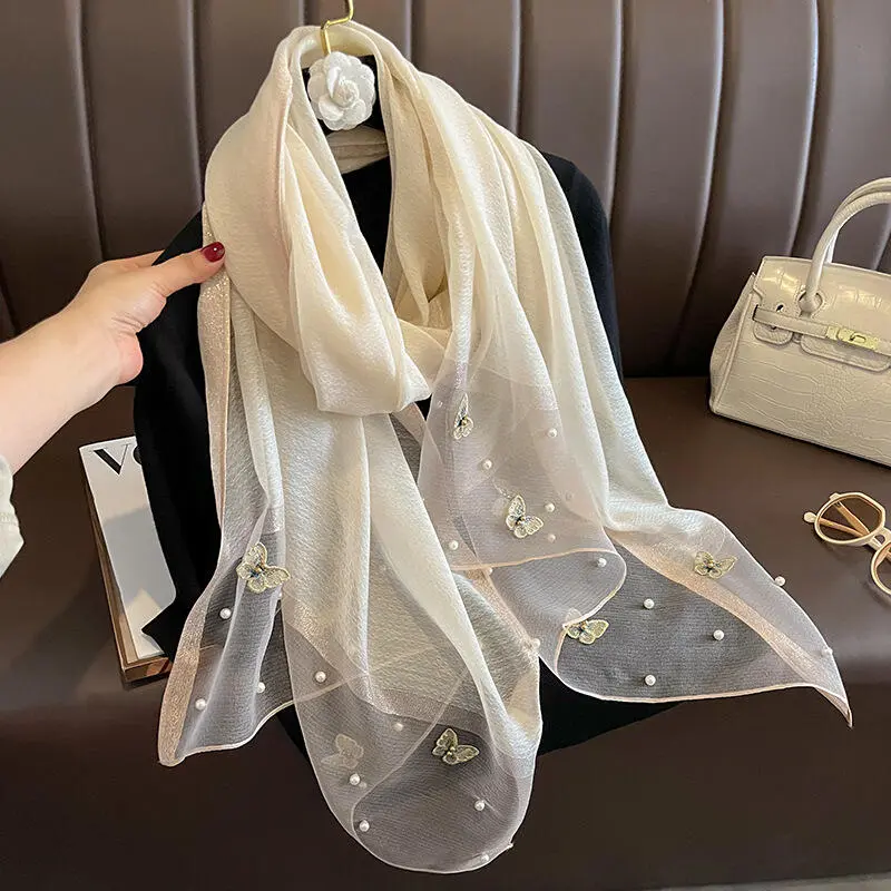 Autumn Winter New Simulated Silk Women's Butterfly Embroidery Beaded Fashion Scarf and Warm Shawl Thin Style selendang  bahu  klasik