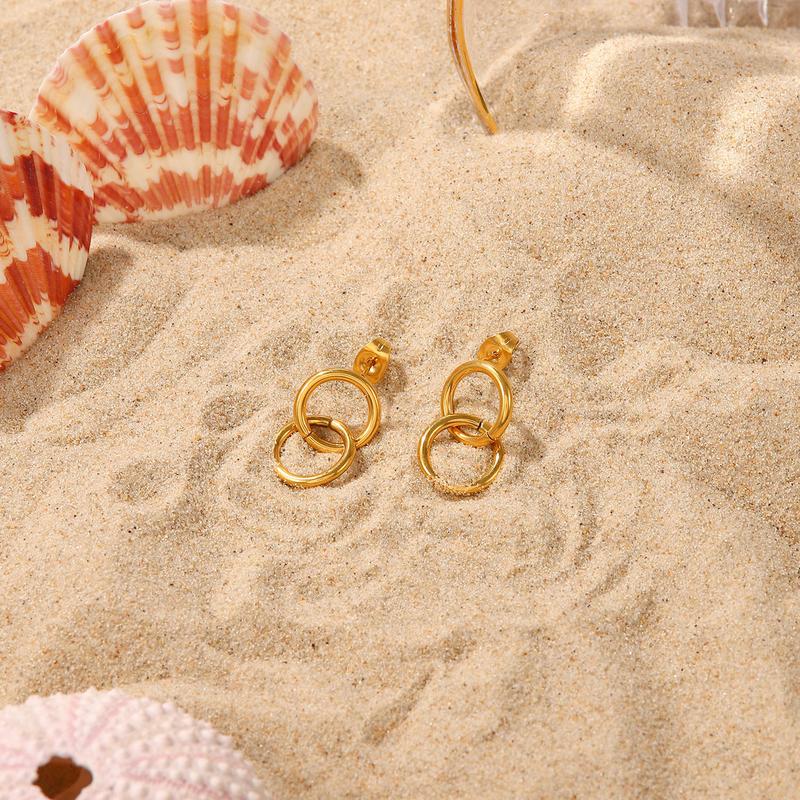 Product Introduction of European and American Ins Style Titanium Steel Hoop Earrings Women's Stainless Steel Double round Ring Pendant Earrings Geometric Earrings Jewelry 3