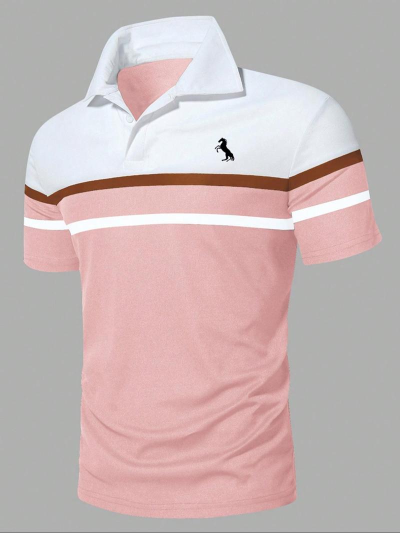 Product Introduction of Men's Horse Print Contrast Collar Polo Shirt, Regular Fit Casual Short Sleeve Top for Summer, Fashion Men's Clothes for Daily Wear, Tropical 3