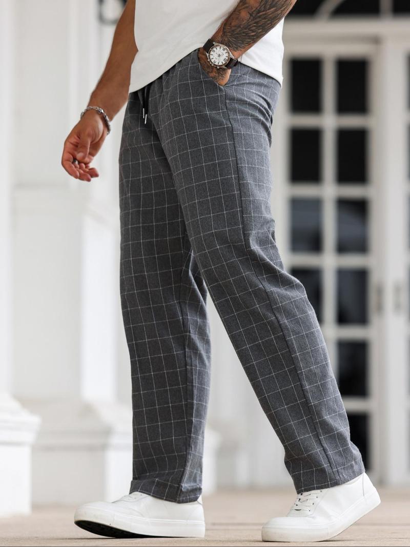Product Introduction of Men's Plaid Print Drawstring Waist Straight Leg Pants, Regular Fit Casual Comfy Pocket Trousers for Daily Wear, Men's Bottoms for All Seasons 3
