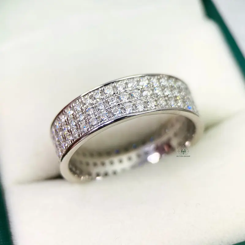 Nhẫn Bạc 925 Xi Kim 3 Hàng Tấm FULL MOISSANITE 1.5mm RX191 Hà Tuấn Jewelry 7