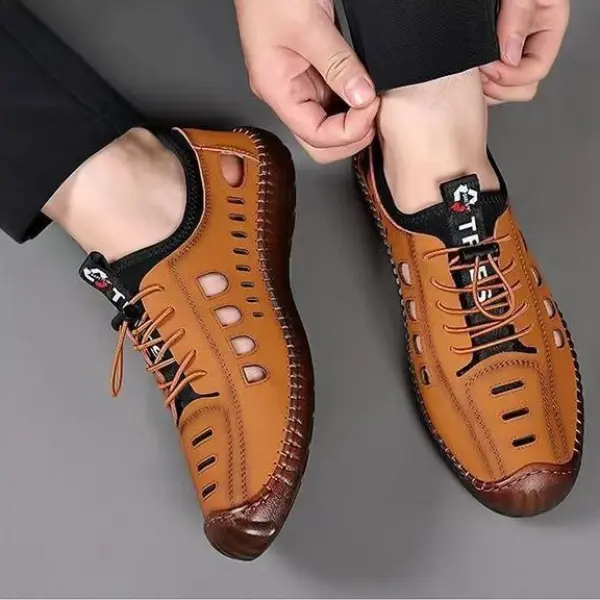 Sandals men's summer leather breathable hollow shoes men's casual and versatile cow tendon soft sole driving sandals