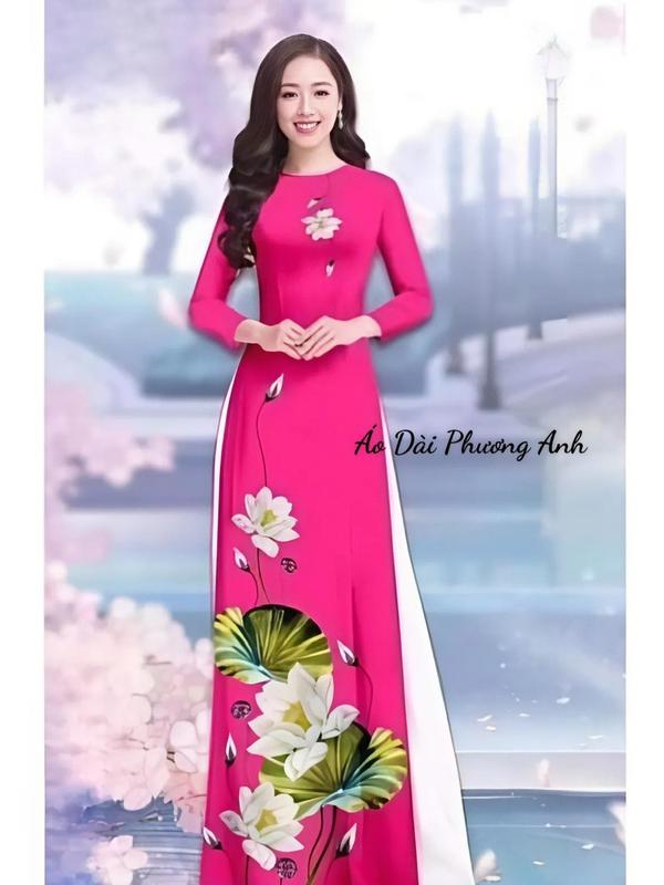 Áo dài lụa in 3D hoạ tiết hoa sen, mềm mịn, co dãn, không nhăn - Áo Dài Phương Anh 5