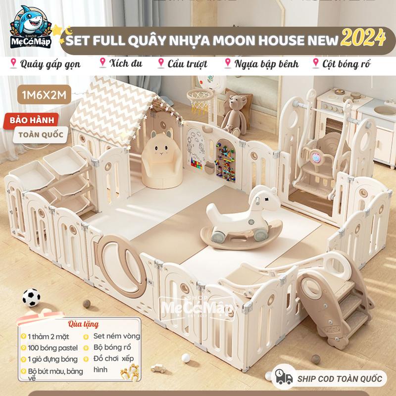 Quây Cũi Nhựa Gấp Gọn Set Full Moon House 2025 - Kèm Cầu Trượt -Xích Đu -Ngựa -Cột Bóng, Quây Nhựa Nguyên Sinh, Tặng Nhiều Đồ Chơi An Toàn