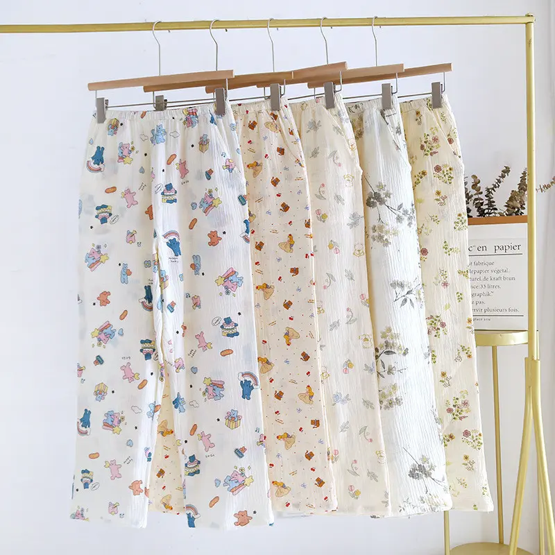 Crepe Print Pajama Pants Ladies Spring Autumn Summer Gauze Double Thin Loose Long Pants Home Pajama Pants Cotton Fabric