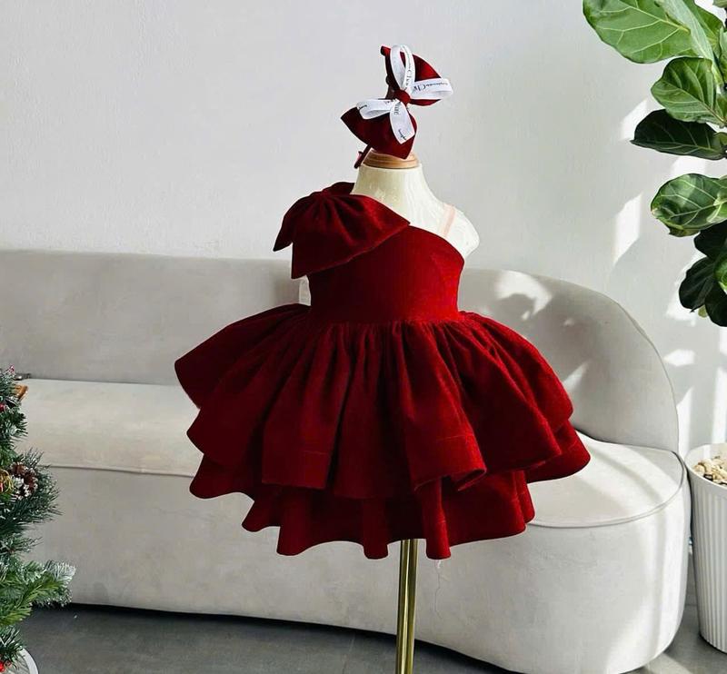 RIBABY VÁY ĐẦM ChÉO VAI CHẤT NHUNG CHO BÉ GÁI PHONG CÁCH TBN SIÊU XINH váy xinh đồ tết