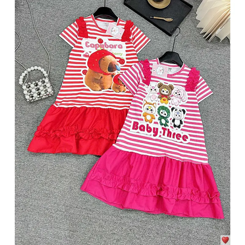 [MinMinKid2] (18-40kg dưới 1m5) Váy thun cotton kẻ sọc in hình BabyThree phối tùng váy đuôi cá NHÚN BÈO cho bé gái 1