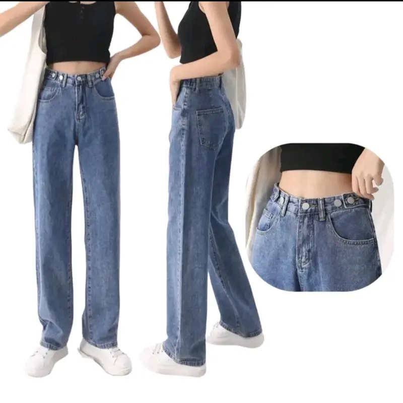 Celana Highwaist Jeans Wanita pinggang kancing yang dapat di sesuaikan GREY 1