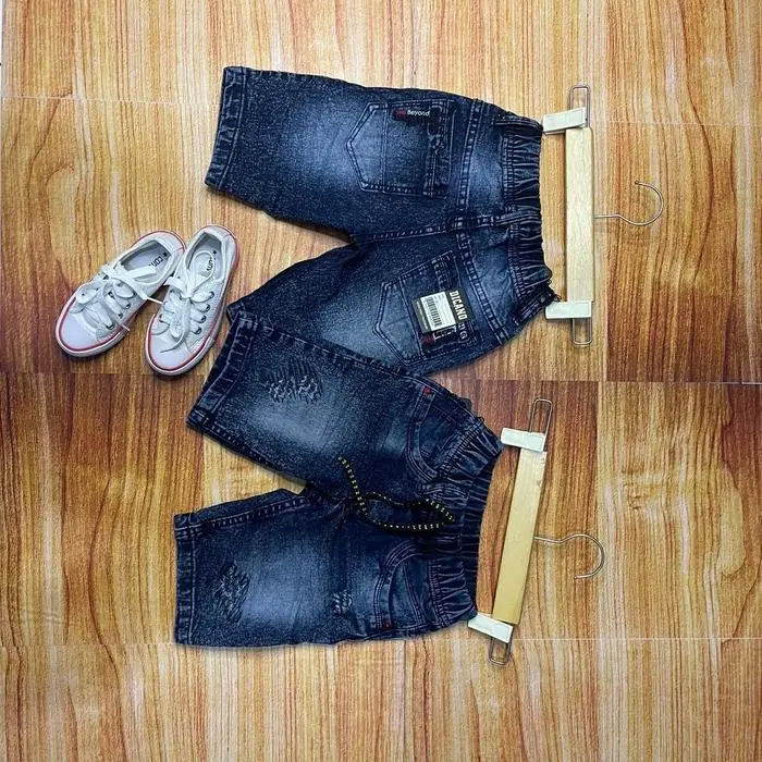 Celana Jeans Pendek Lebaran Anak-Laki Premium dengan Motif Bordir Komputer Usia 1-6 tahun Fashion - SNOW BLACK, S