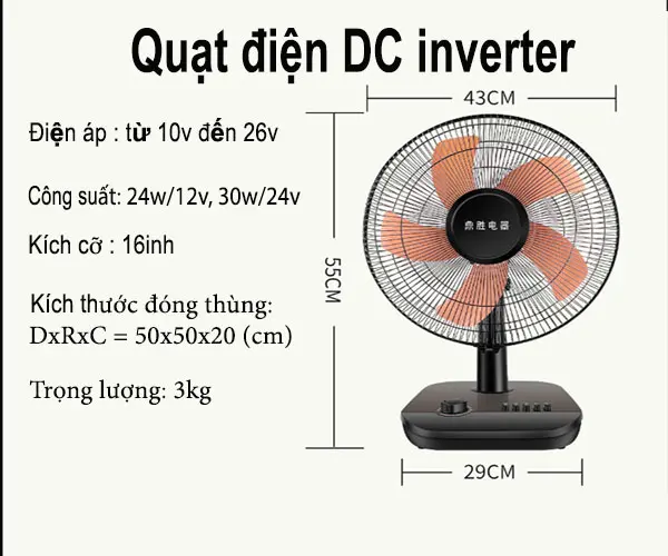 Quạt 16 inh inverter động cơ không chổi than bldc chạy điện DC 12v 24v 3
