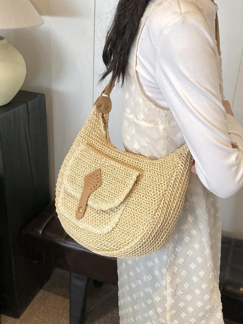 Product Introduction of Women's Fashionable Straw Bag, Large Capacity Crossbody Bag with Small Bag Inside, Casual Versatile Shoulder Bag for Daily Used 8