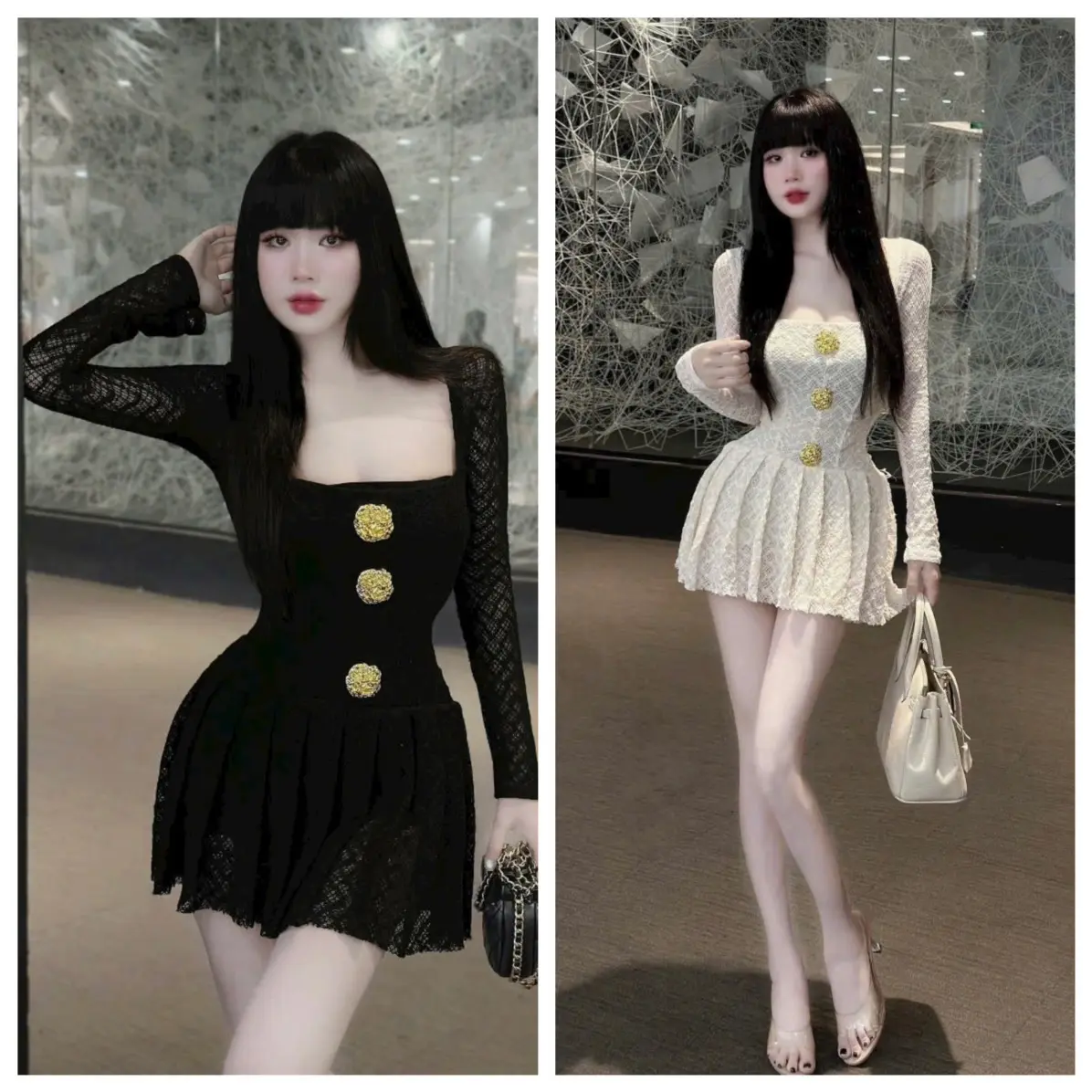 [New] Đầm ren xoè tiểu thư / Đầm ren tay dài cổ vuông / Đầm ren 2 lớp thiết kế xếp ly dáng xoè ngắn