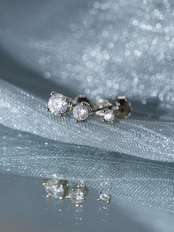 925 Sterling Silver Rhinestone Decorated Stud Earrings, 3 Counts Fashion Temperament Earrings for Women & Men, Trendy All-match & Exquisite Jewelry for Birthday Gift 5