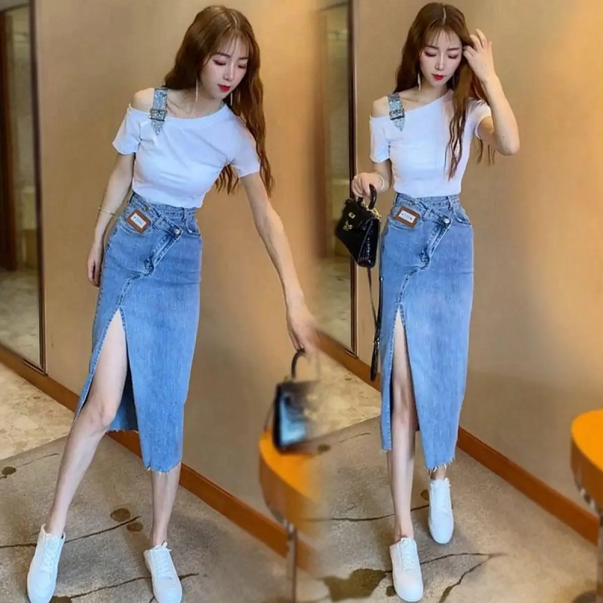 (in Stock) Summer Fashion All-Matching Heavy Industry Short Sleeve Solid Color T-shirt + High Waist Star Same Style Split Denim Skirt Suit Women's Suit Lingerie Basic