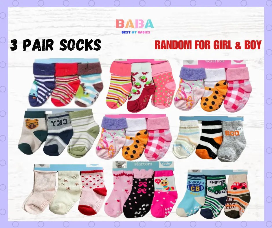 BABA 3 pairs of Baby Cute Carters Socks Girls and Boys - Random Designs Comfortable Breathable Toddler