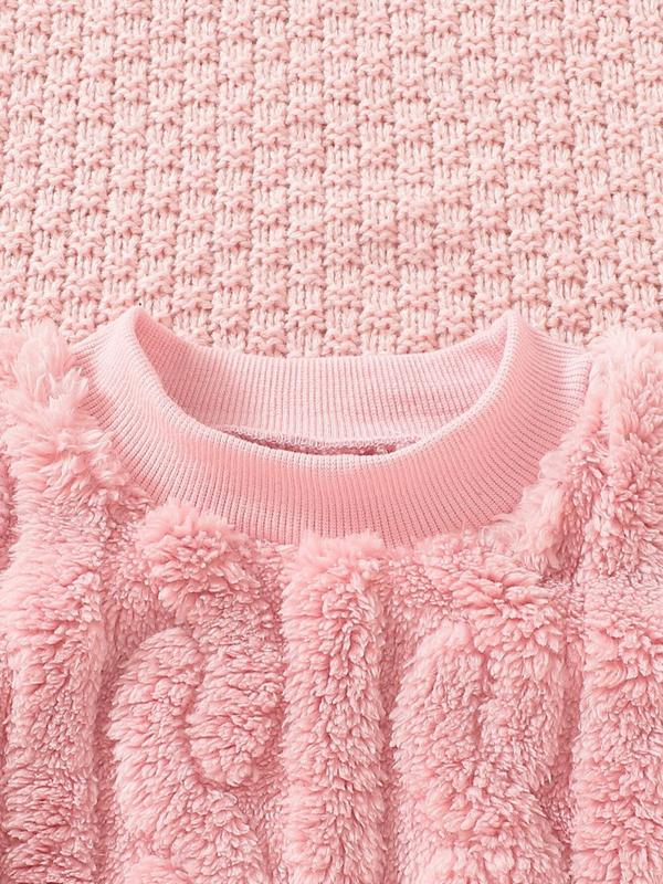 Baby Girl's Solid Plush Two-piece Set, Cute Casual Long Sleeve Round Neck  Pullover & Textured Pants Set,  Newborn Infant Kid's Clothes Gifts 2