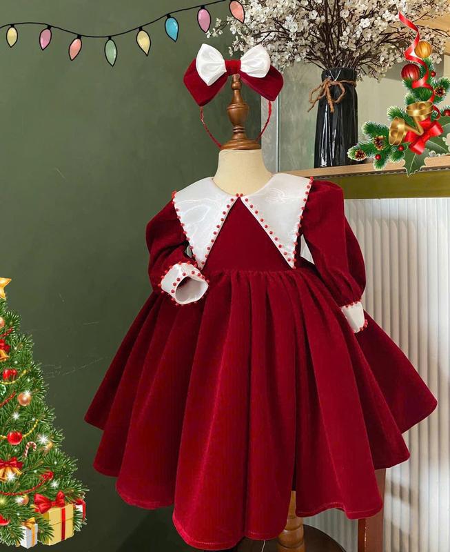 Váy Công Chúa Dài Tay Nhung Đỏ Cổ Trắng (Cổ nhọn không nơ) cho bé gái