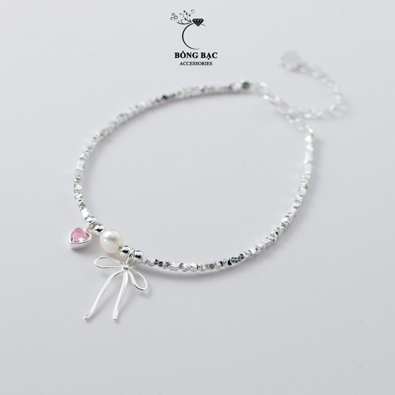 Lắc tay BỐNG BẠC, vòng tay Chuỗi hạt bạc mix charm nơ tim đá hồng ngọc trai xinh xắn hot trend phụ kiện trang sức xinh LT0.71 lắc  tay nữ không gỉ