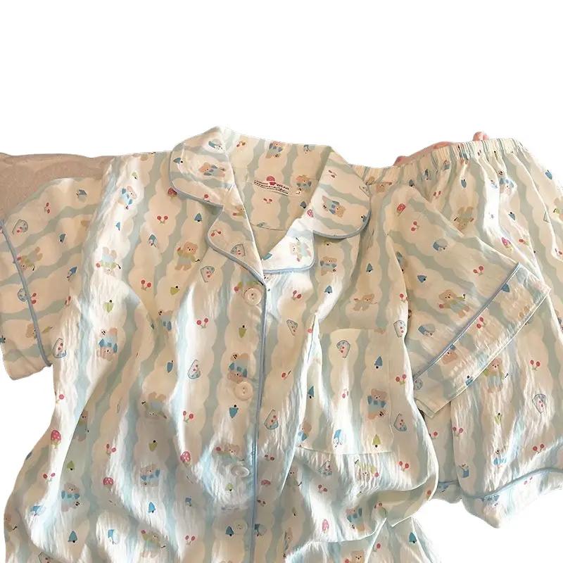 Bộ đồ ngủ pijama tay quần ngắn họa tiết dễ thương dành cho nữ chất liệu bông mây cao cấp  Women Nữ Áo Quần Ngủ Top