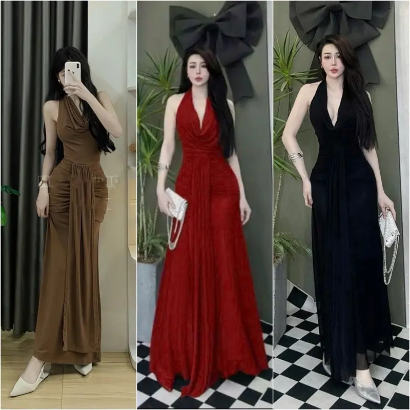 Đầm thiết kế yếm cổ đỗ xoè/ đầm yếm cổ đỗ maxi xoè 0