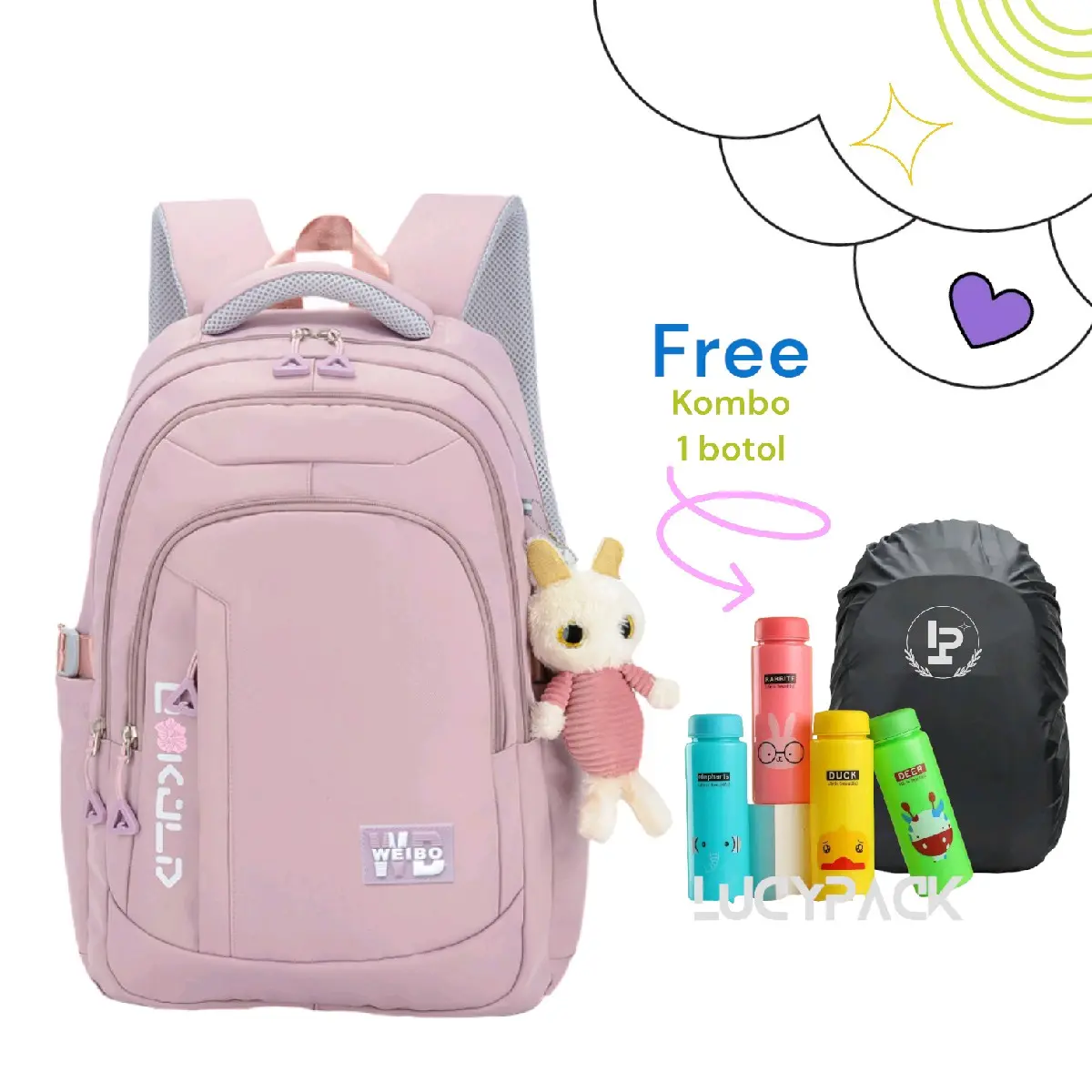 Tas Kombo Botol Raincover Anti Air Tas Ransel Anak Sekolah Perempuan Tas Backpack Fashion Anak Tas Punggung Muatan Besar Muat Laptop Buku paket Lks Polos Aksesoris