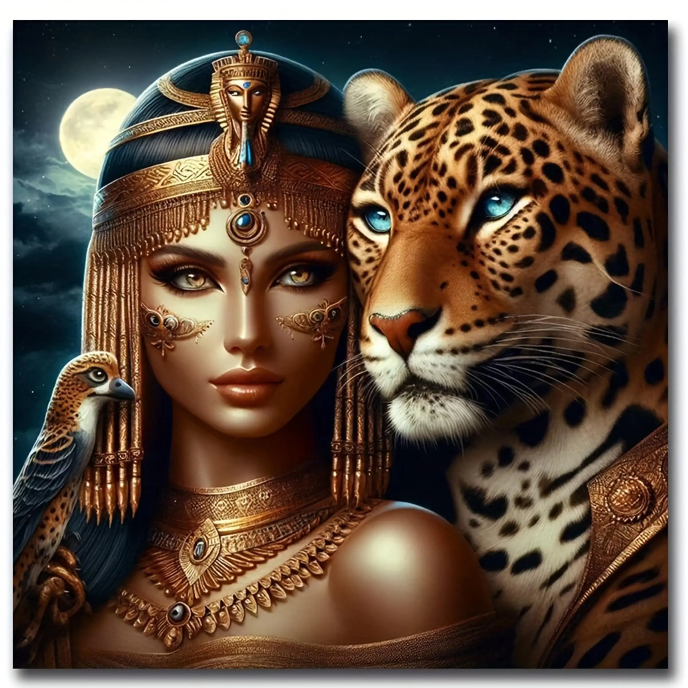 Cleopatra and Leopard Pattern DIY Diamond Arts Colorful Painting Kit without Frame, Full Round Drill Diamond Mosaic Embroidery, Home Wall Decor