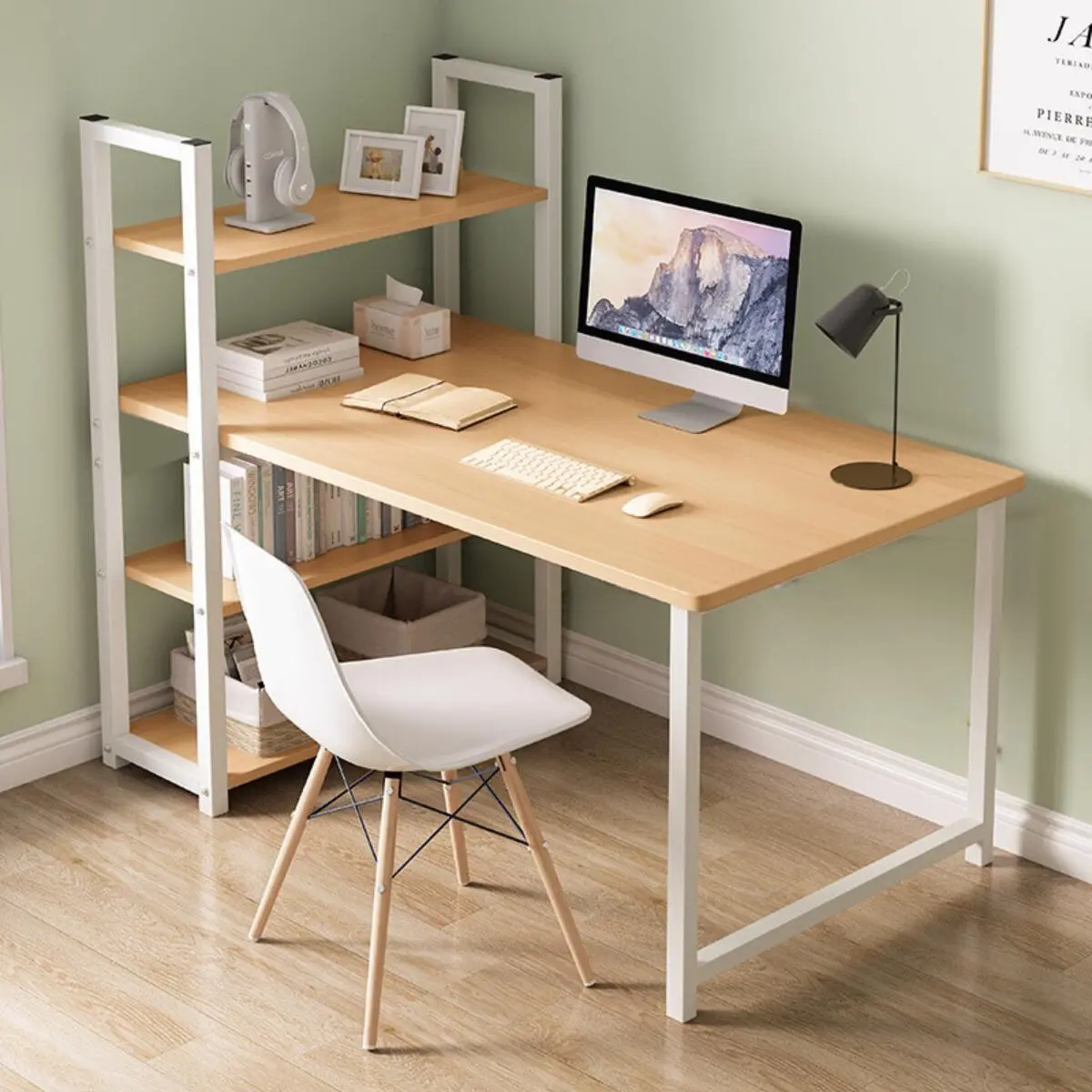 Bàn học, bàn làm việc có giá sách thiết kế liền kệ độc đáo, chân sắt 25x25mm mặt gỗ để học tập làm việc BH-014 [Nội Thất 5C]]