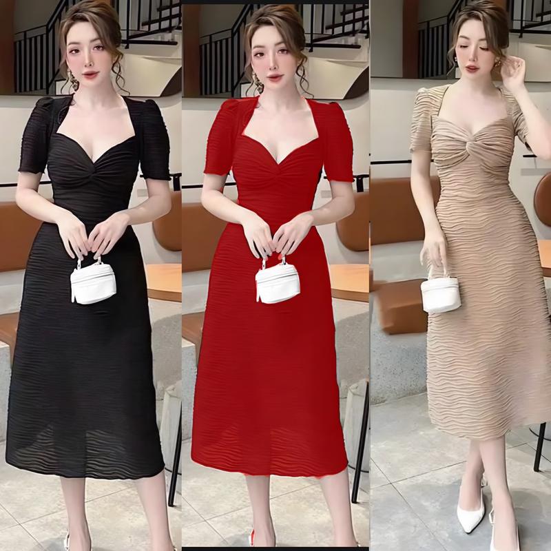 [Sale 79k]  Thời Trang Bigsize Váy Dự Tiệc Vải Xốp Nhăn 50 - 100Kg Dễ Thương Nữ Khuy Dress Đỏ Women Đen Nâu - A.1257