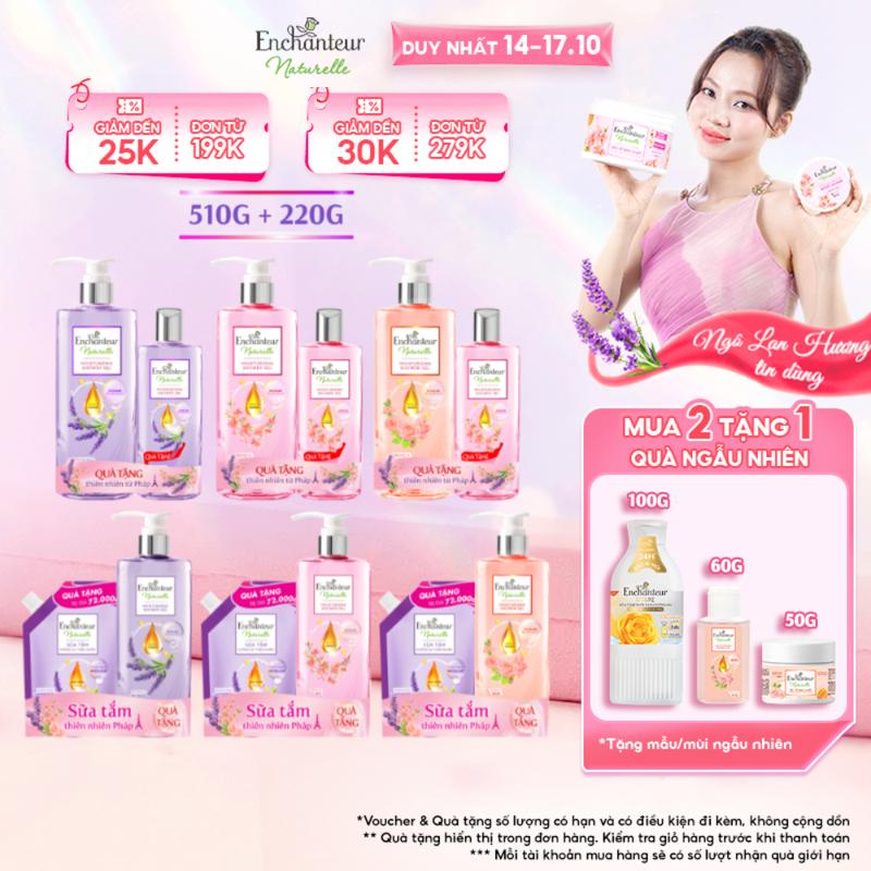 [TẶNG 1 SỮA TẮM 200G/220G]Sữa Tắm Chăm Sóc Da Hương Tự Nhiên Enchanteur Naturelle Hương Hoa Lavender/ Iris/ Rose 510g/ Chai