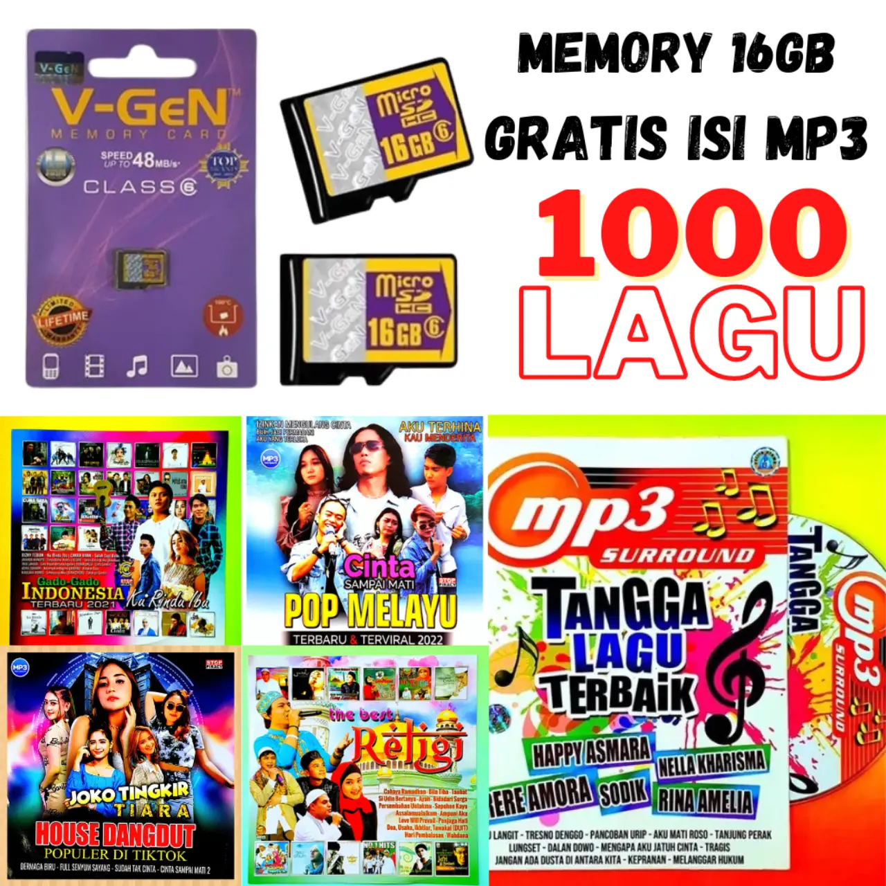 ( BONUS ISI 1000 LAGU ) KARTU MEMORI VGEN 16GB dan MICRO SD MMC ORIGINAL Mikro SD Compact Flash disk
