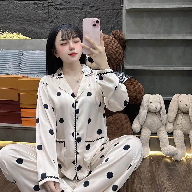Đồ bộ nữ hoạ tiết chấm bi, pyjama nữ lụa latin mềm min mượt mát Freesize 0