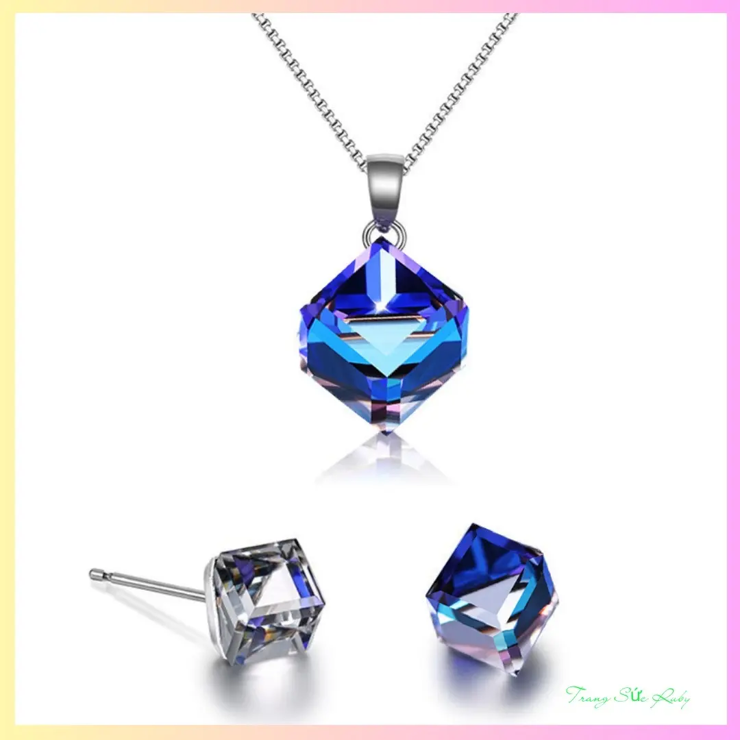 Mặt dây chuyền,bông tai đá vuông xanh ánh sáng lấp lánh cao cấp sang trọng Trang Sức Ruby