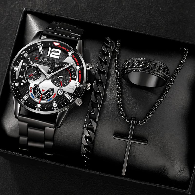 Natural Jewelry Fashion Casual Elegant Business Wristwatch + Versatile Cross Steel Band Necklace Bracelet Set Simple Fashion 6