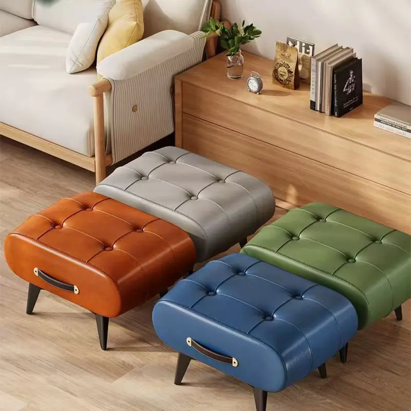 Nordic Light Luxury Leather With Handle Shoe Changing Stool Protable Foot Step Stool Furniture  For Living Room Bedroom