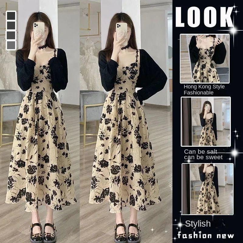 Product Introduction of 2024 Summer New French Retro Floral Strap Dress Hepburn Style Chic Cardigan Dress Two-Piece Suit 1