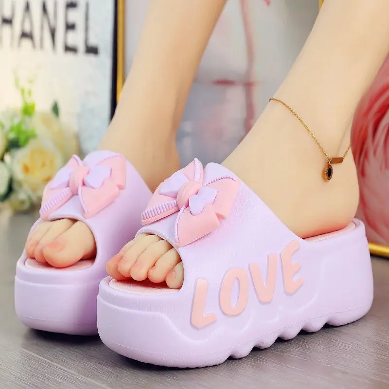 Dép Lê Nơ Ngọt Ngào, Dành Cho Nữ, Mùa Hè Mới, Trong Nhà, Không Trơn Trượt, Thời Trang, Dép Lười, Thích Hợp Cho Các Hoạt Động Ngoài Trời, Đế Dày Cao, [Đế Dày]