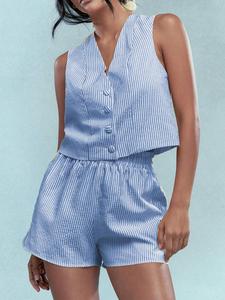 Two-Piece Set Women's Striped Print Button Front Vest & Elastic Waist Shorts, Casual Sleeveless V Neck Top & Shorts for Summer, Ladies Clothes for Daily Wear