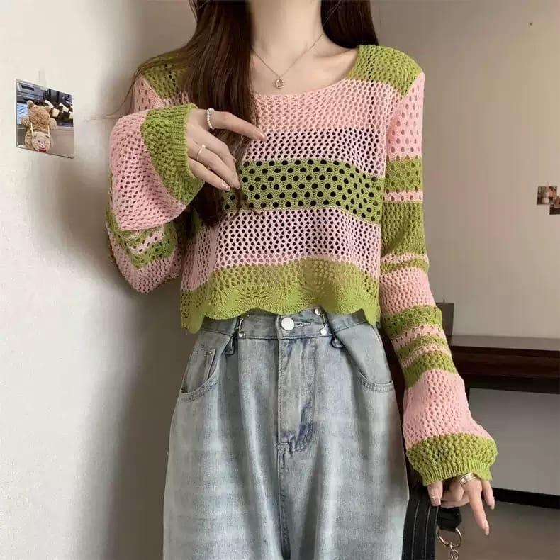 Vilave Atasan Blouse Wanita Hollow Knitted Korean Style Top Import J1221 5
