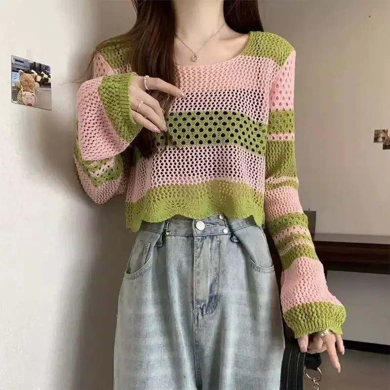 Vilave Atasan Blouse Wanita Hollow Knitted Korean Style Top Import J1221 5