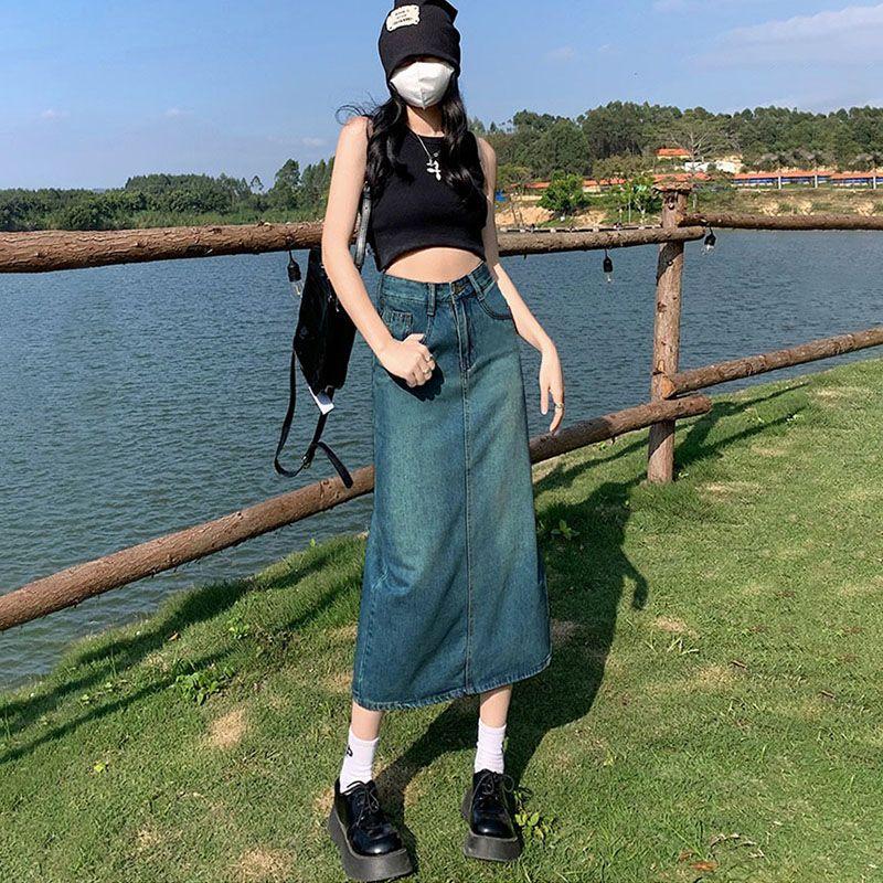 A-Line High Waist Slit Denim Skirt for Women Summer 2025 New Mid-Length Slim Fit Pencil Skirt Black Gray 1