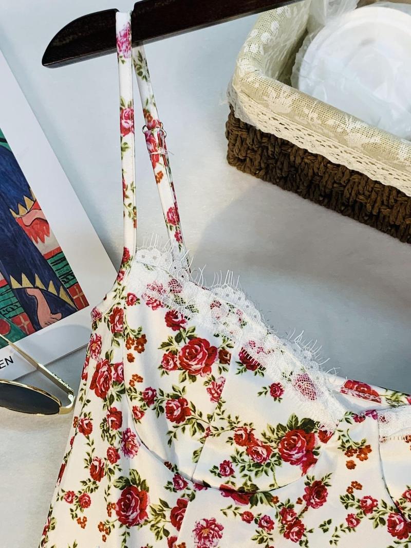 Product Introduction of Women's Ditsy Floral Print Contrast Lace Split Thigh Cami Dress, Boho Adjustable Spaghetti Strap Midi Dress for Beach Holiday Vacation, Ladies Summer Clothes 15