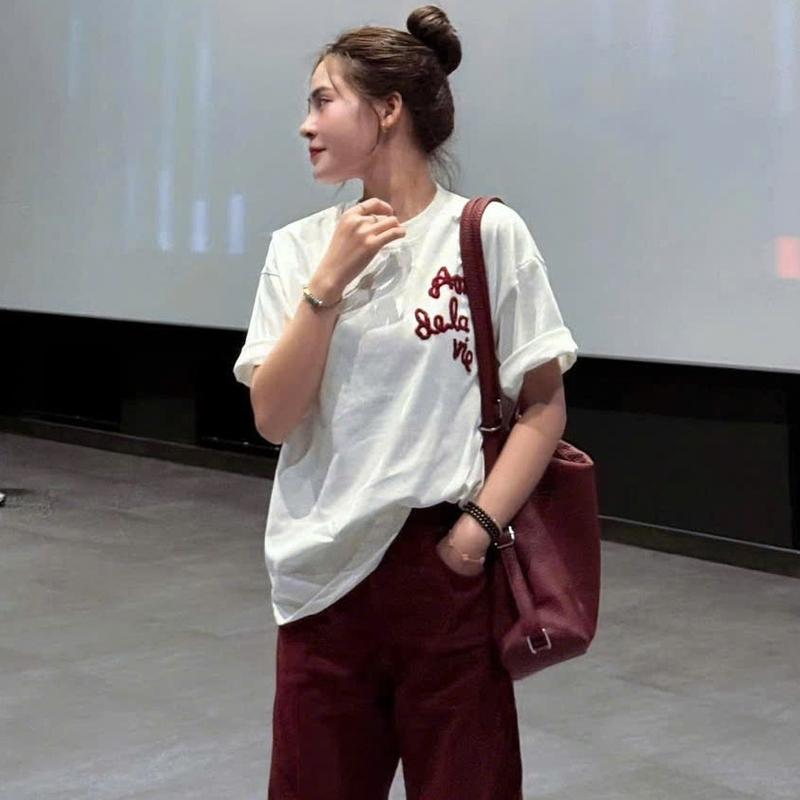 Quần bò jeans ống rộng màu đỏ may mắn, mới nhất 2025 cạp cao hack dáng Nữ Women Ong Pants 3