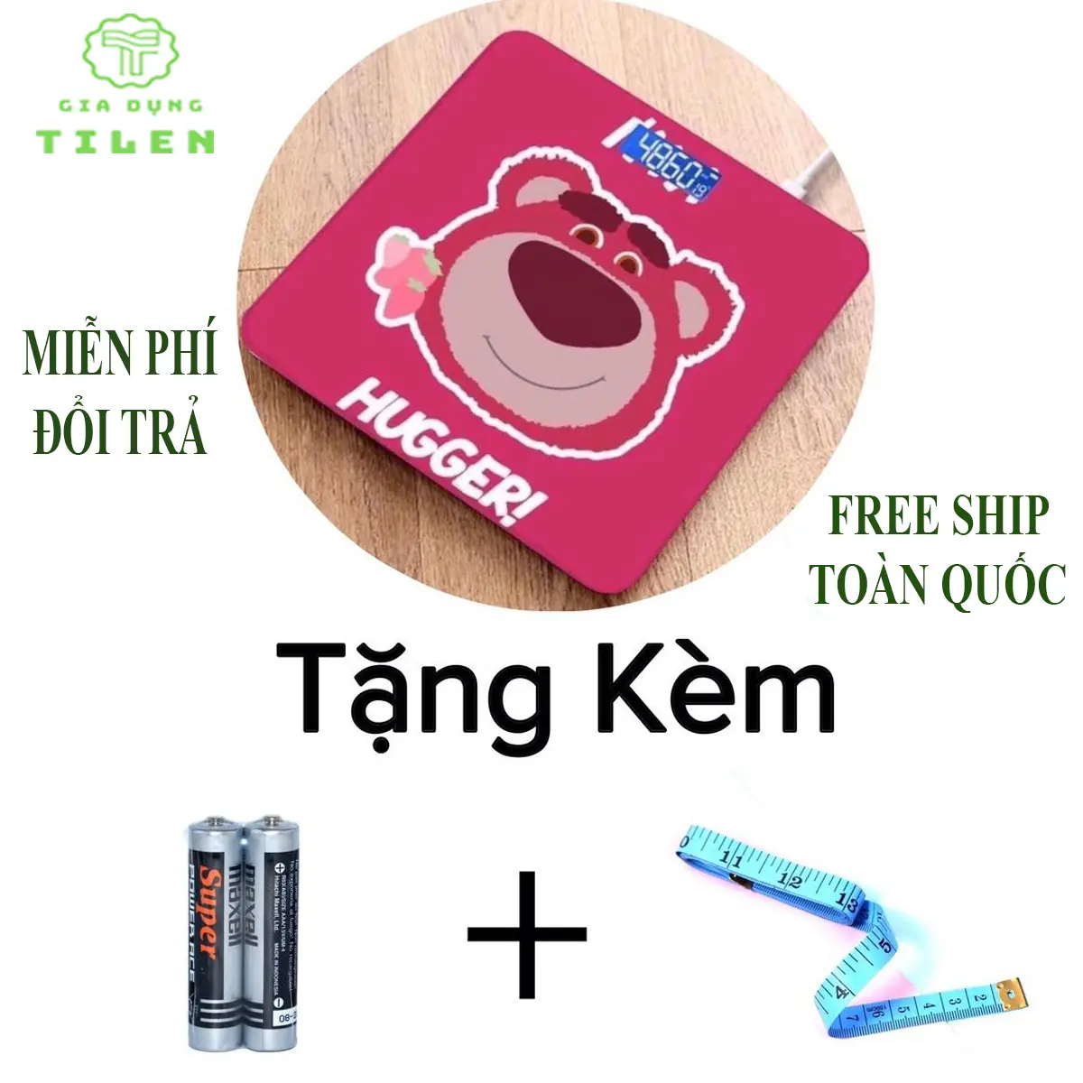Cân Điện Tử Gấu Dâu Hồng (Tặng Kèm Pin + Thước Dây) - Bảo hành 1 đổi 1