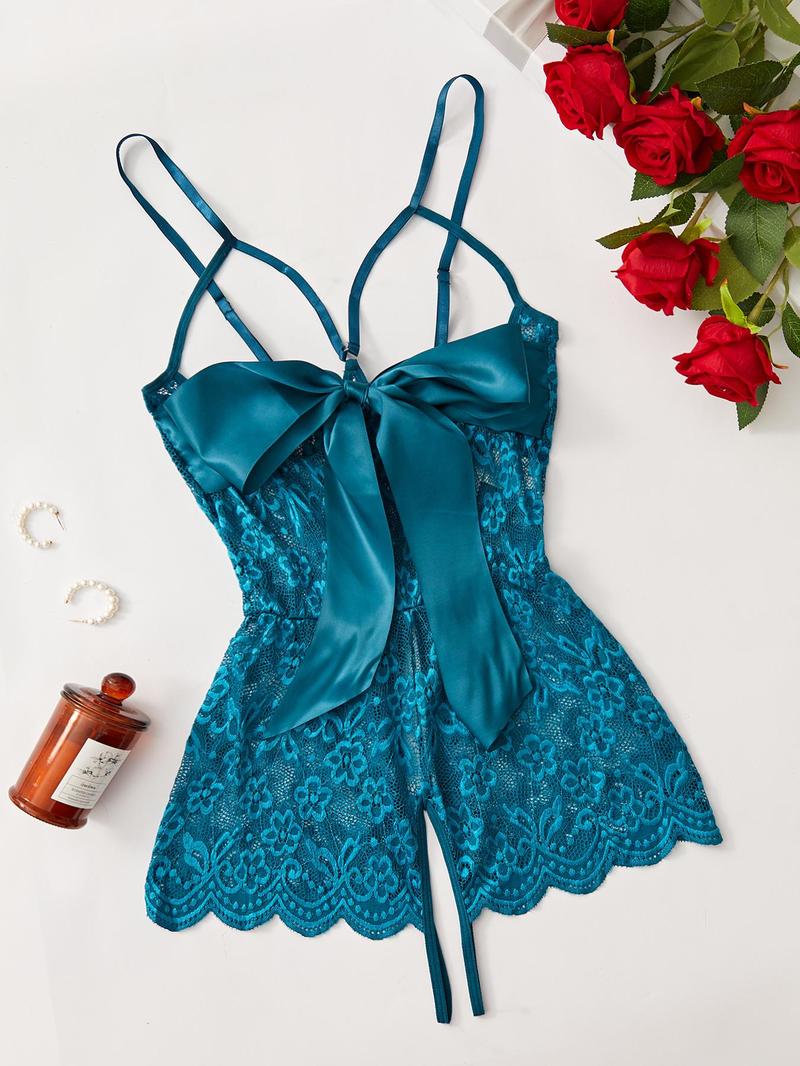 Product Introduction of Women's Floral Lace Bow Decor Sexy Cami Bodysuit, Sleeveless Bodysuit for Daily Wear, Ladies Sexy Lingerie for All Seasons 7