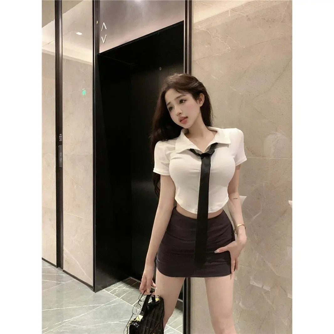 Preppy style hot girl suit short sleeve T-shirt WOMEN'S summer 2023 new skirt hip skirt two-piece set suit