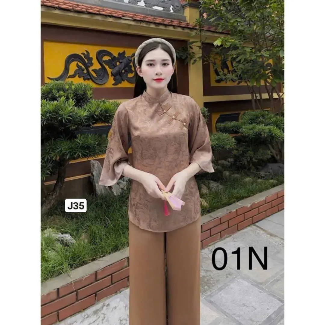 Sét bộ lam đi chùa, Pháp Phục Việt Nam, áo cổ tàu tay lỡ vải gấm kèm quần tuyết nhung ds35 Kem