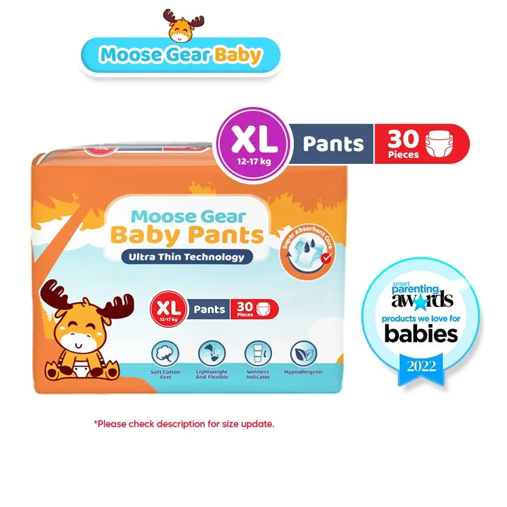 Moose Gear Baby Pants Diaper XL 30pcs Hypoallergenic Super Absorbent Double Leak Guard