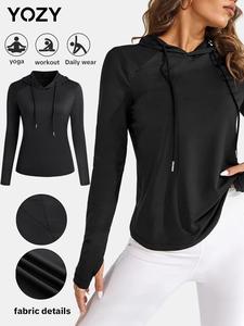 YOZY-GOOO Women's Solid Drawstring Sports Hoodie, Quick Drying Breathable Raglan Sleeve Hooded Sweatshirt for Gym Workout Running, Ladies Sportswear for All Seasons